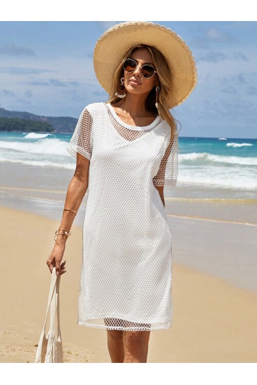 Beyaz Diz Üstü Astarlı ve Üstü File Detaylı Çok Kullanımlık Yazlık Elbise