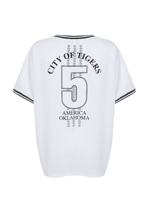 Beyaz Ön Arka Baskılı Oversize Kesim V Yaka  Örme T-Shirt