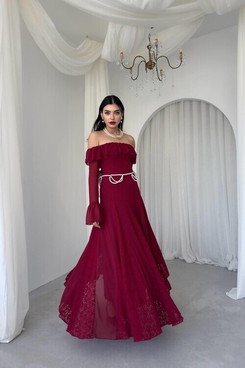 Bordo Eteği Dantel Straplezi ve Kolları Büzgü Detaylı Kadın Elbise