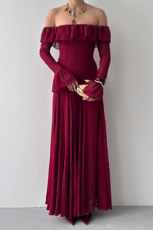 Bordo Eteği Dantel Straplezi ve Kolları Büzgü Detaylı Kadın Elbise