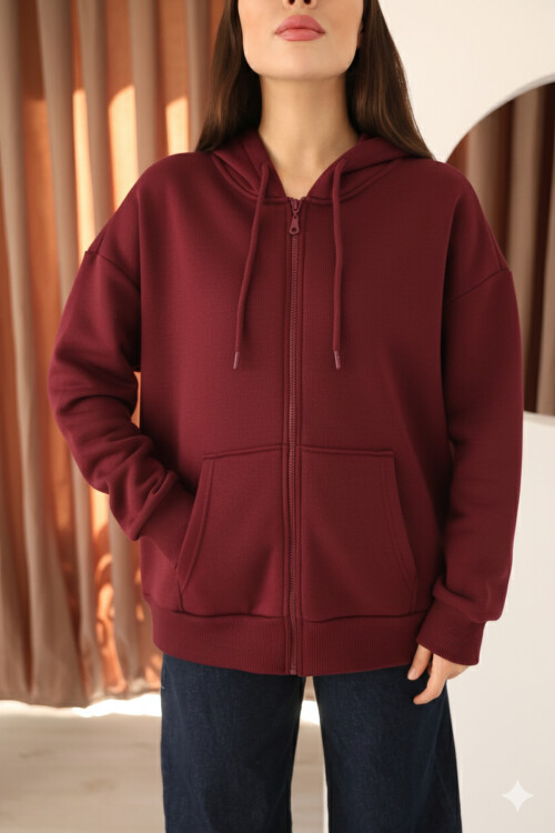 Bordo Oversize İçi Polar ve Fermuar Detaylı Kapüşonlu Kadın Sweatshirt