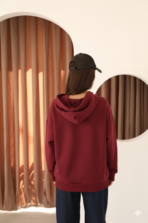 Bordo Oversize İçi Polar ve Fermuar Detaylı Kapüşonlu Kadın Sweatshirt
