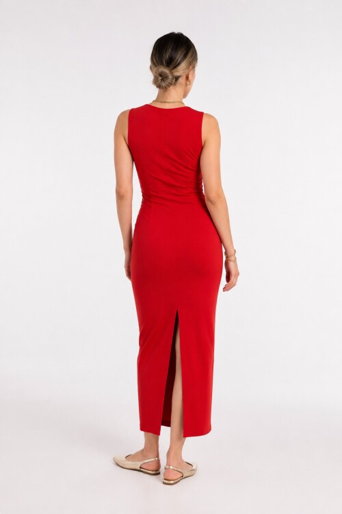 Kırmızı Büzgü Drape Detaylı Bodycon Midi Elbise | Vücuda Oturan Balık Siluet | Bisiklet Yaka Ay Kol | Esnek Micro Örme Kumaş