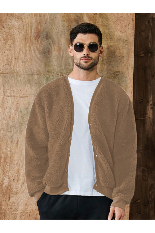 Camel V Yaka Düğmeli Peluş Hırka