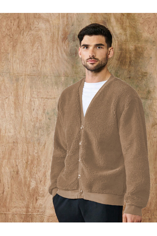 Camel V Yaka Düğmeli Peluş Hırka