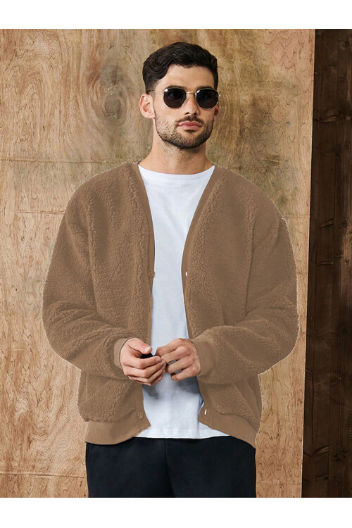 Camel V Yaka Düğmeli Peluş Hırka