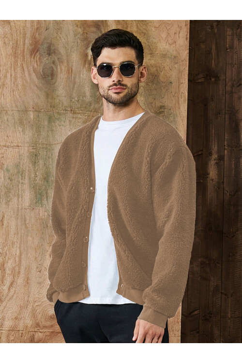 Camel V Yaka Düğmeli Peluş Hırka