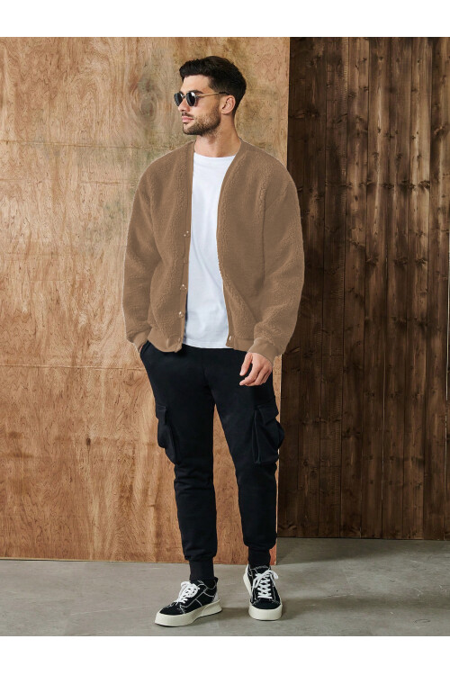 Camel V Yaka Düğmeli Peluş Hırka