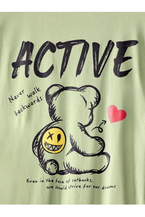 Erkek Açık Yeşil Arkası Active Ayıcık Baskılı Bisiklet Yaka T-Shirt