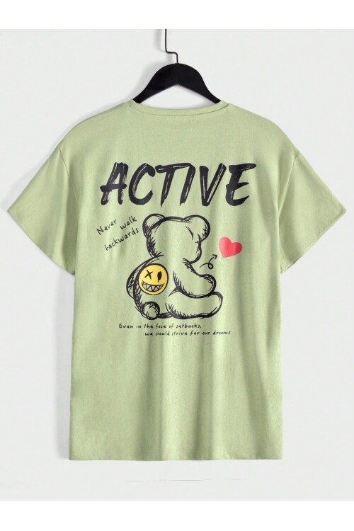 Erkek Açık Yeşil Arkası Active Ayıcık Baskılı Bisiklet Yaka T-Shirt
