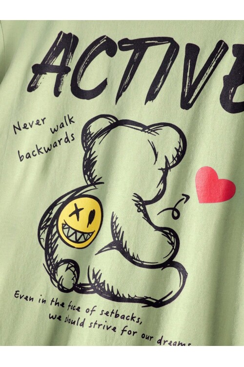 Erkek Açık Yeşil Arkası Active Ayıcık Baskılı Bisiklet Yaka T-Shirt