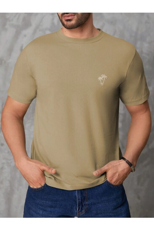 Erkek Bej Bisiklet Yaka Göğsü Palmiye Baskılı T-Shirt