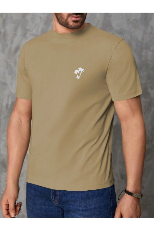 Erkek Bej Bisiklet Yaka Göğsü Palmiye Baskılı T-Shirt