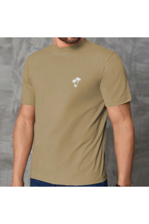Erkek Bej Bisiklet Yaka Göğsü Palmiye Baskılı T-Shirt