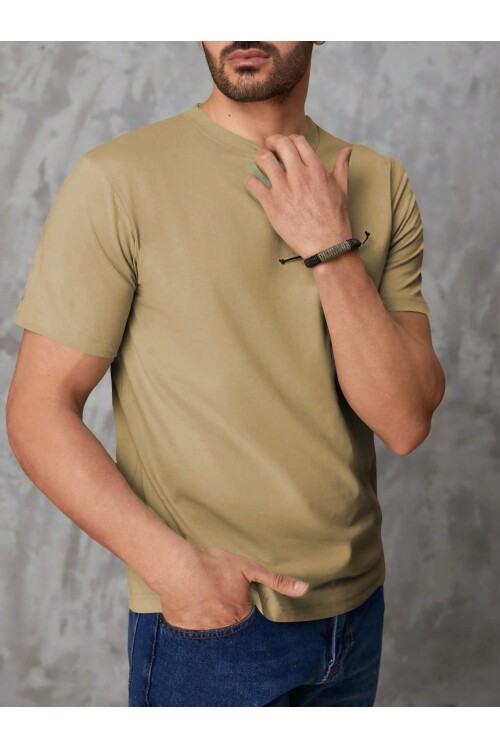 Erkek Bej Bisiklet Yaka Göğsü Palmiye Baskılı T-Shirt