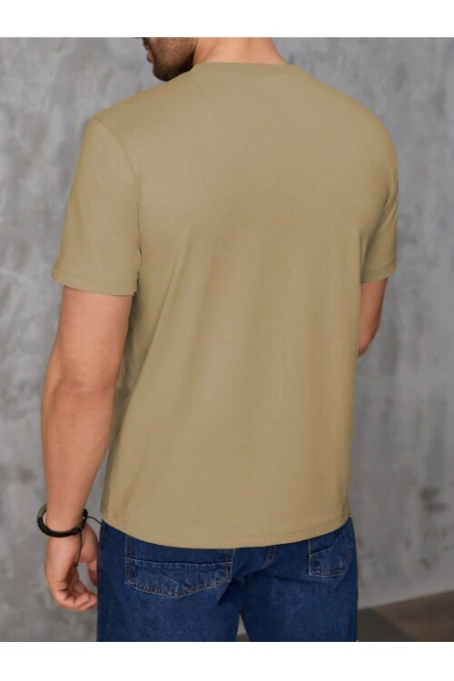 Erkek Bej Bisiklet Yaka Göğsü Palmiye Baskılı T-Shirt