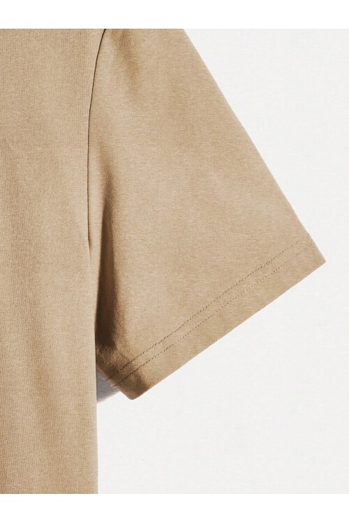 Erkek Bej Bisiklet Yaka Önü Japan Efekt Baskı Detaylı T-Shirt