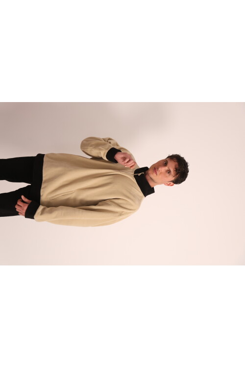 Erkek Bej Fermuarlı Yaka ve Kol Ucu Siyah Garni Detaylı Sweatshirt