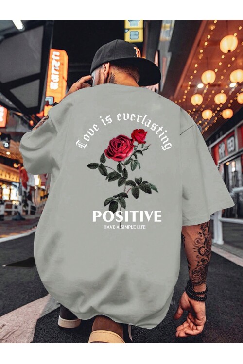 Erkek Gri Bisiklet Yaka Love is Overlasting Baskılı T-Shirt