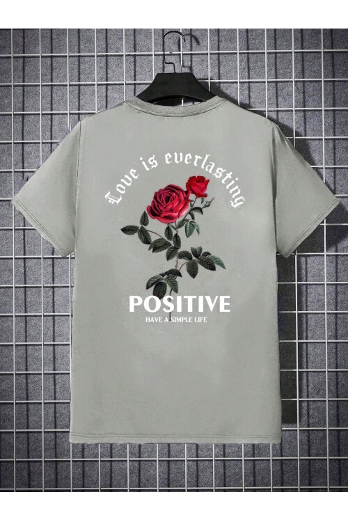 Erkek Gri Bisiklet Yaka Love is Overlasting Baskılı T-Shirt