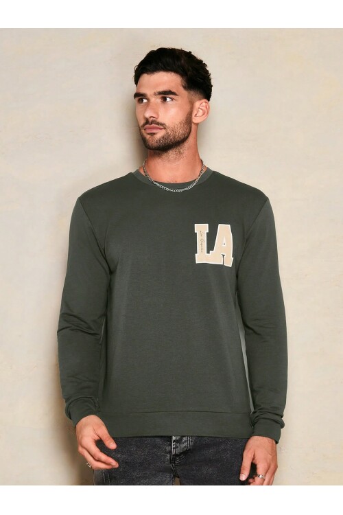Erkek Haki Bisiklet LA Baskılı Uzun Kol Sweatshirt