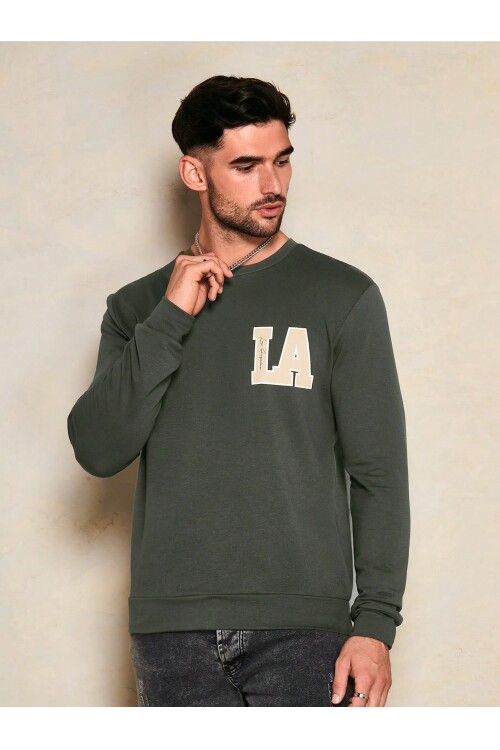 Erkek Haki Bisiklet LA Baskılı Uzun Kol Sweatshirt