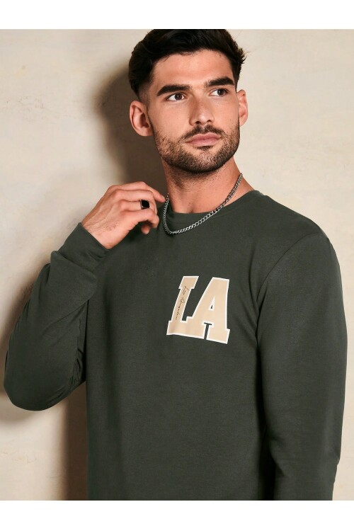 Erkek Haki Bisiklet LA Baskılı Uzun Kol Sweatshirt