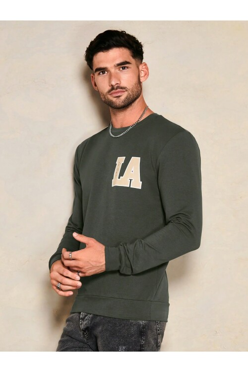 Erkek Haki Bisiklet LA Baskılı Uzun Kol Sweatshirt