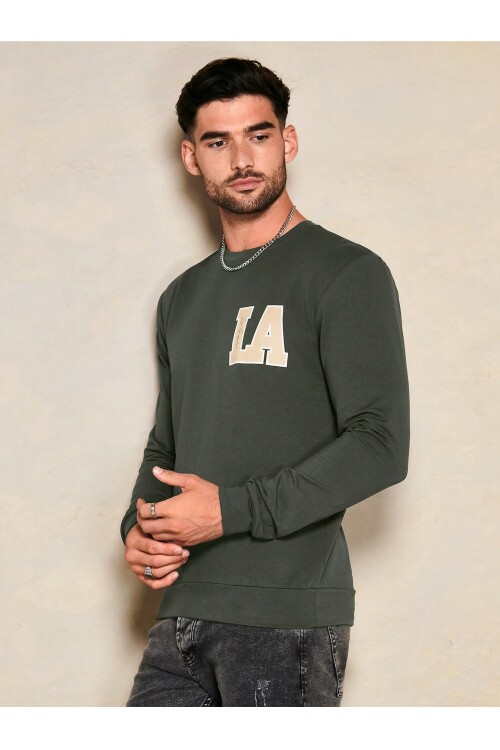 Erkek Haki Bisiklet LA Baskılı Uzun Kol Sweatshirt