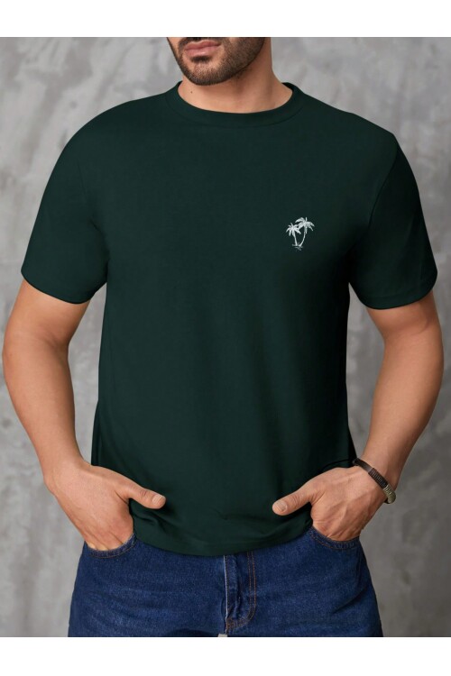 Erkek Koyu Yeşil Bisiklet Yaka Göğsü Palmiye Baskılı T-Shirt