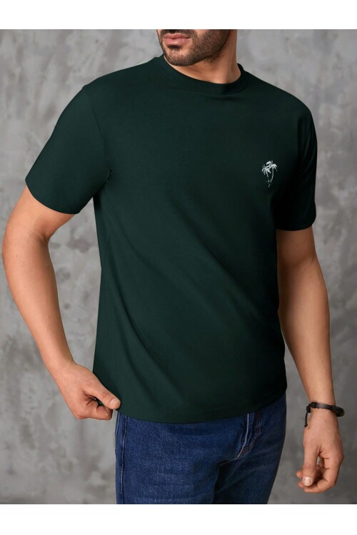 Erkek Koyu Yeşil Bisiklet Yaka Göğsü Palmiye Baskılı T-Shirt