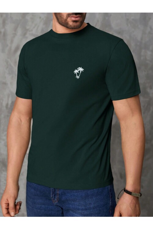 Erkek Koyu Yeşil Bisiklet Yaka Göğsü Palmiye Baskılı T-Shirt