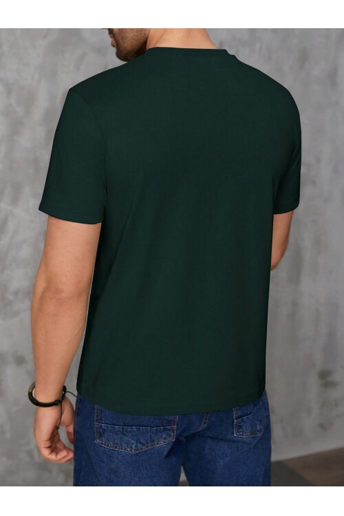 Erkek Koyu Yeşil Bisiklet Yaka Göğsü Palmiye Baskılı T-Shirt