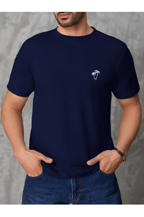 Erkek Lacivert Bisiklet Yaka Göğsü Palmiye Baskılı T-Shirt