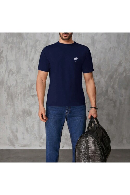 Erkek Lacivert Bisiklet Yaka Göğsü Palmiye Baskılı T-Shirt