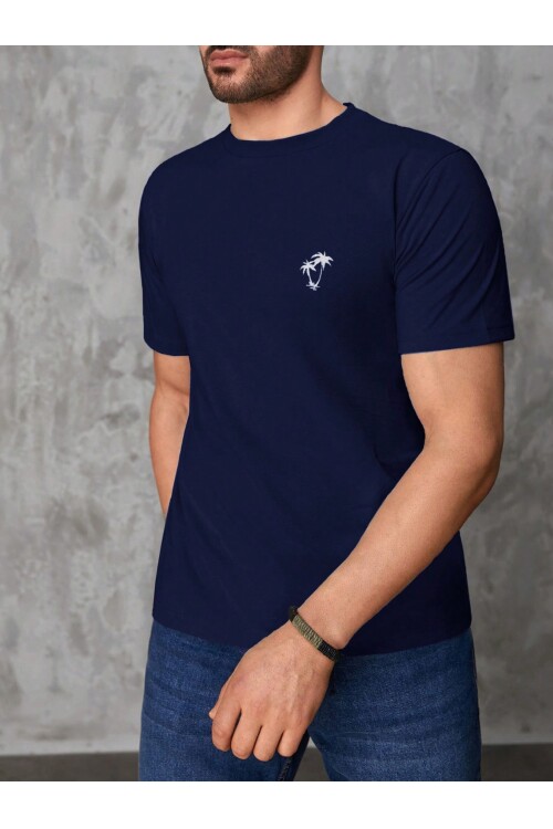 Erkek Lacivert Bisiklet Yaka Göğsü Palmiye Baskılı T-Shirt