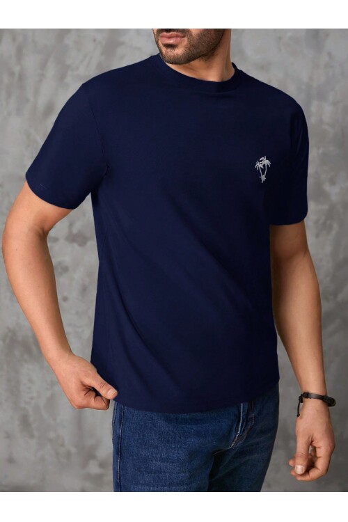 Erkek Lacivert Bisiklet Yaka Göğsü Palmiye Baskılı T-Shirt