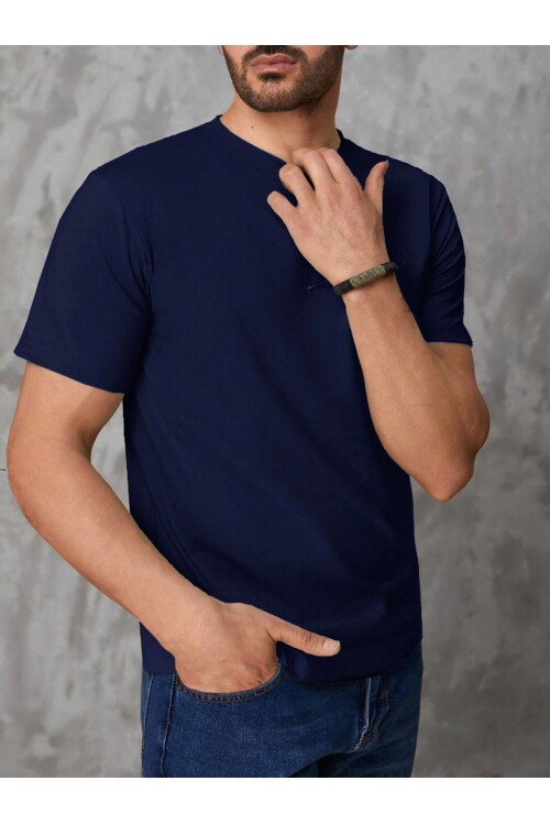 Erkek Lacivert Bisiklet Yaka Göğsü Palmiye Baskılı T-Shirt