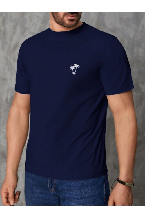 Erkek Lacivert Bisiklet Yaka Göğsü Palmiye Baskılı T-Shirt