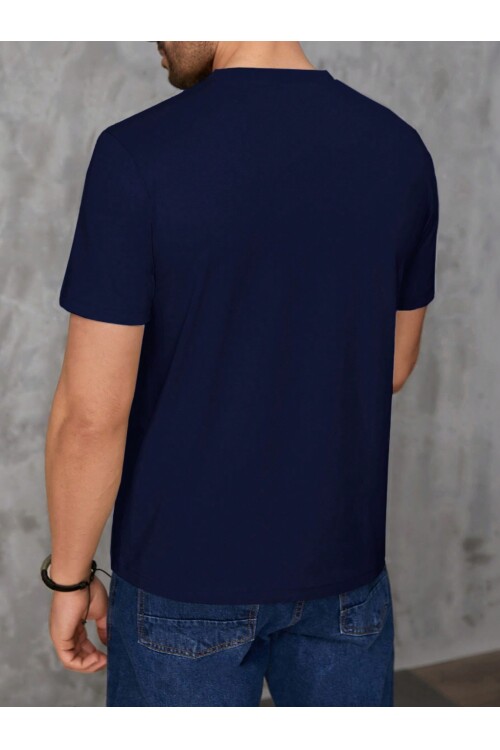 Erkek Lacivert Bisiklet Yaka Göğsü Palmiye Baskılı T-Shirt