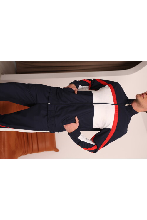 Erkek Lacivert Özel Seri Kırmızı ve Beyaz Şerit Detaylı Eşofman Takımı