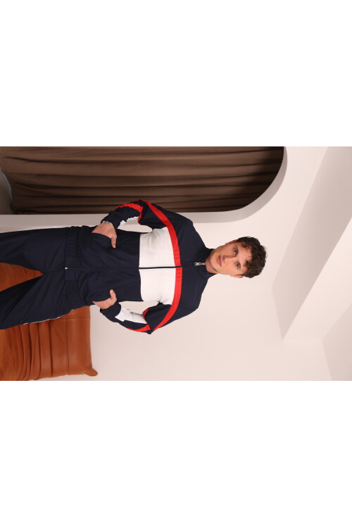 Erkek Lacivert Özel Seri Kırmızı ve Beyaz Şerit Detaylı Eşofman Takımı