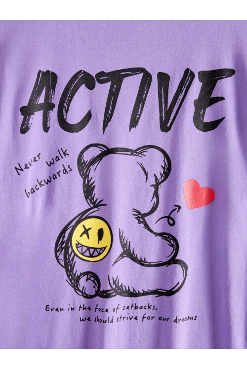 Erkek Lila Arkası Active Ayıcık Baskılı Bisiklet Yaka T-Shirt