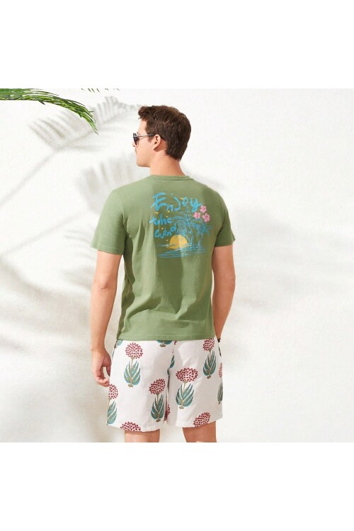 Erkek Mint Arkası Enjoy Baskılı Bisiklet Yaka T-Shirt