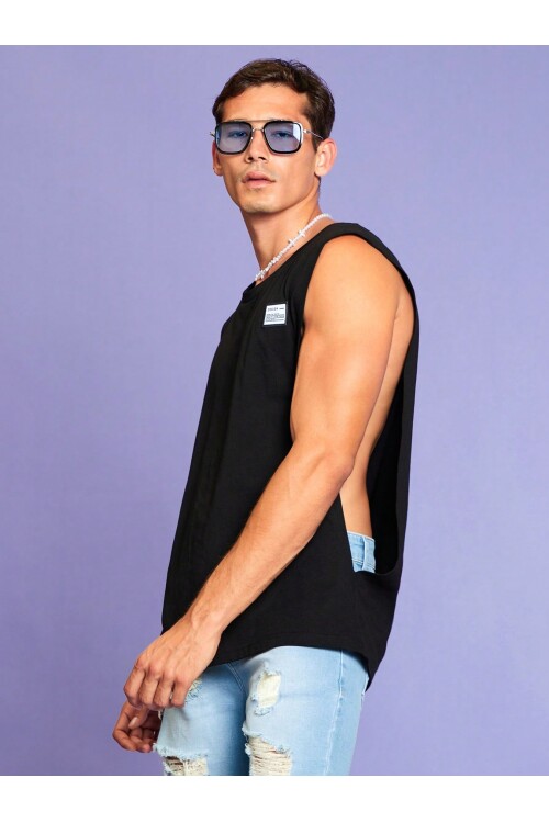 Erkek Oversize Yanları Açık Etiket Detaylı Siyah Atlet
