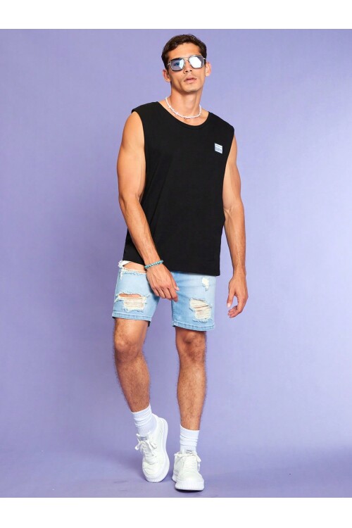 Erkek Oversize Yanları Açık Etiket Detaylı Siyah Atlet