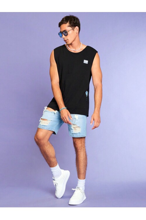Erkek Oversize Yanları Açık Etiket Detaylı Siyah Atlet
