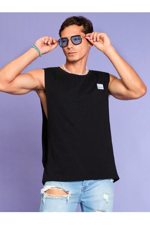 Erkek Oversize Yanları Açık Etiket Detaylı Siyah Atlet
