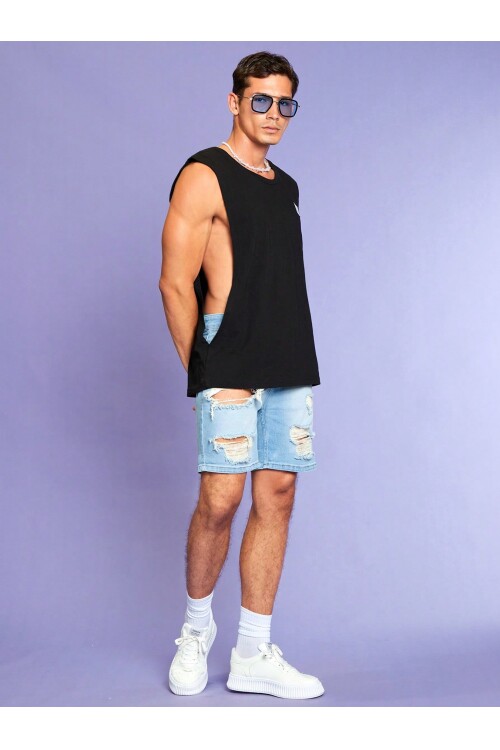 Erkek Oversize Yanları Açık Etiket Detaylı Siyah Atlet