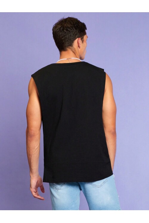 Erkek Oversize Yanları Açık Etiket Detaylı Siyah Atlet